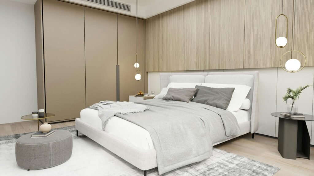 Luxurious and cozy modern bedroom with a minimalist design and natural tones.